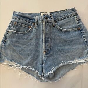 Agolde Light Blue Frayed Hem Jean Shorts